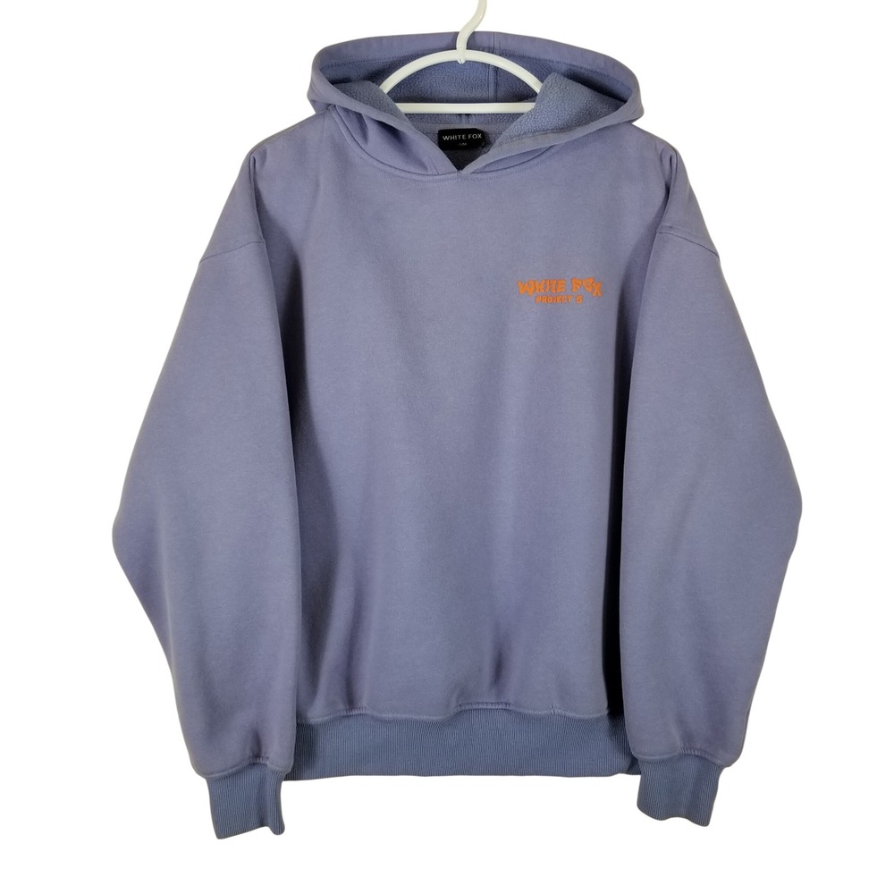 White Fox Hoodie Womens S/M Lavender Purple Orange Puff Print Projects Logo